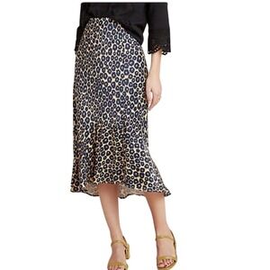 Anthropologie Maeve Janelle Leopard Midi Skirt Bias Cut Silky Slip Size M